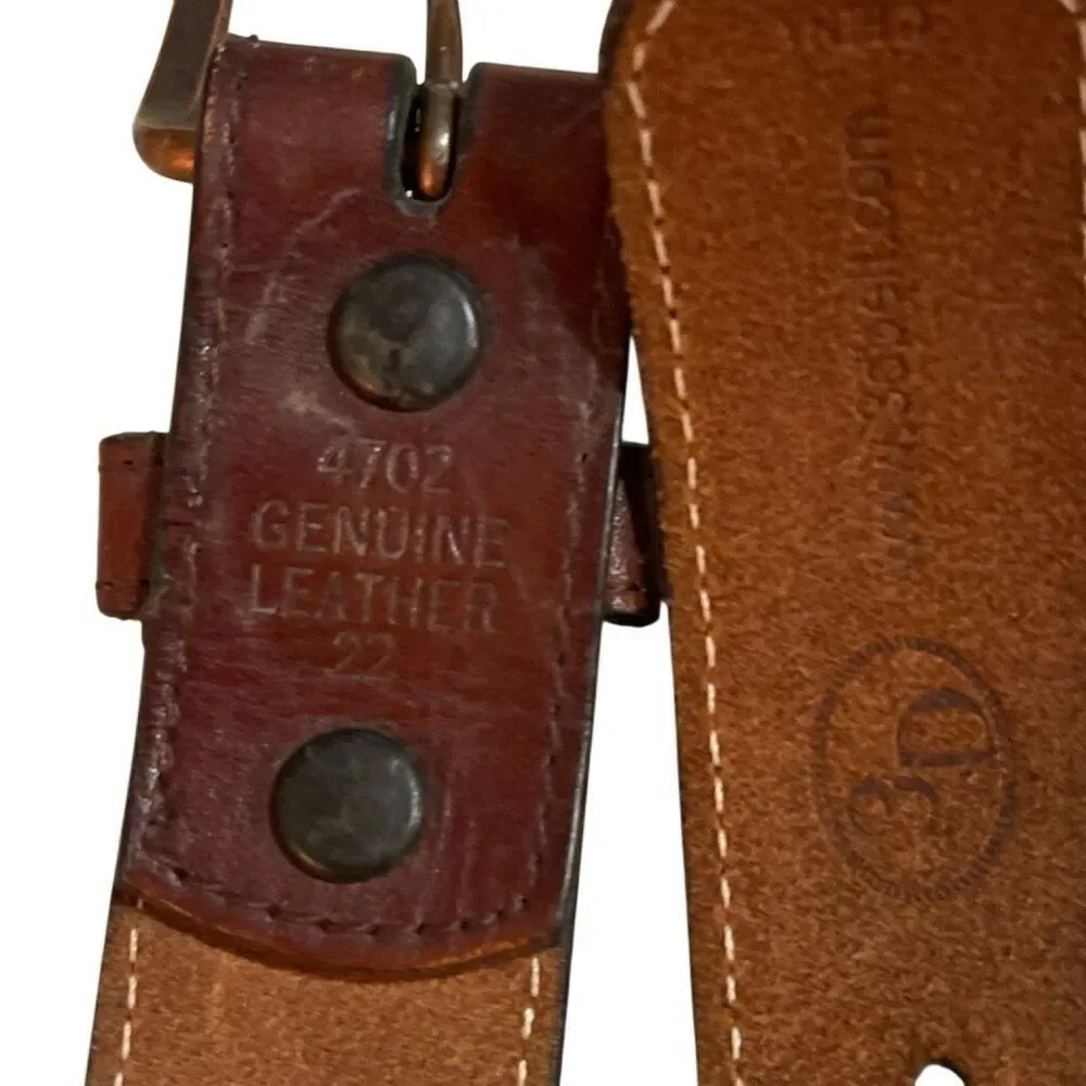3D Belt Vintage Kids Leather Hand Tooled/Studded Copper Buckle Belt